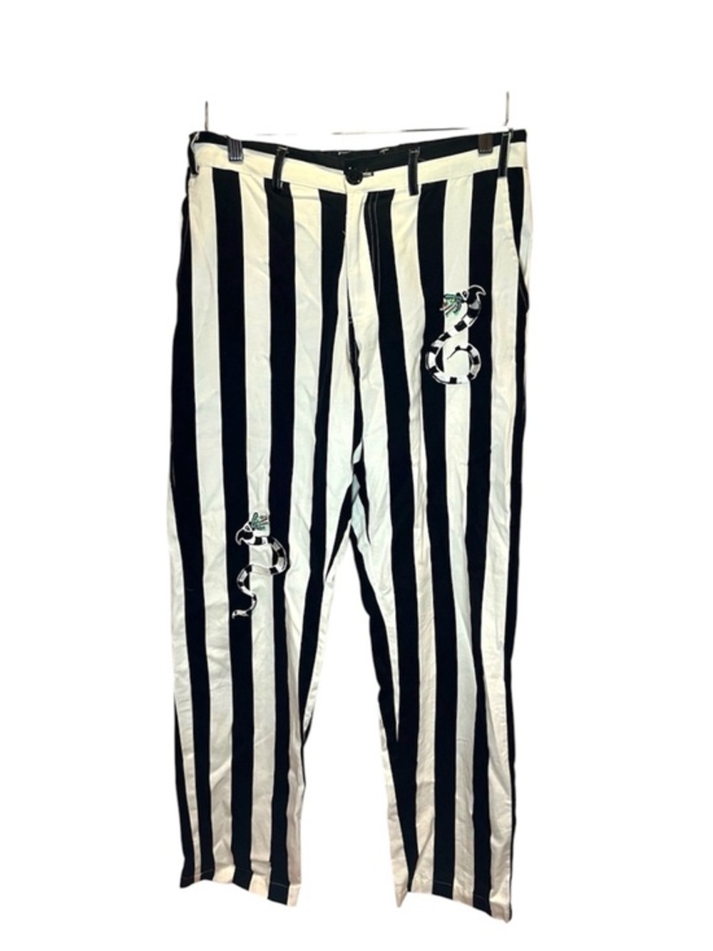 Beetlejuice x Forever 21 Men’s Striped Pants Black White Snake Patches